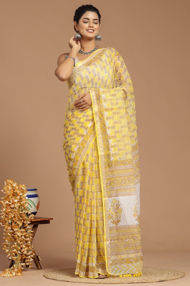 Sunshine Elegance: Yellow and White Buta Print Kota Doria Saree