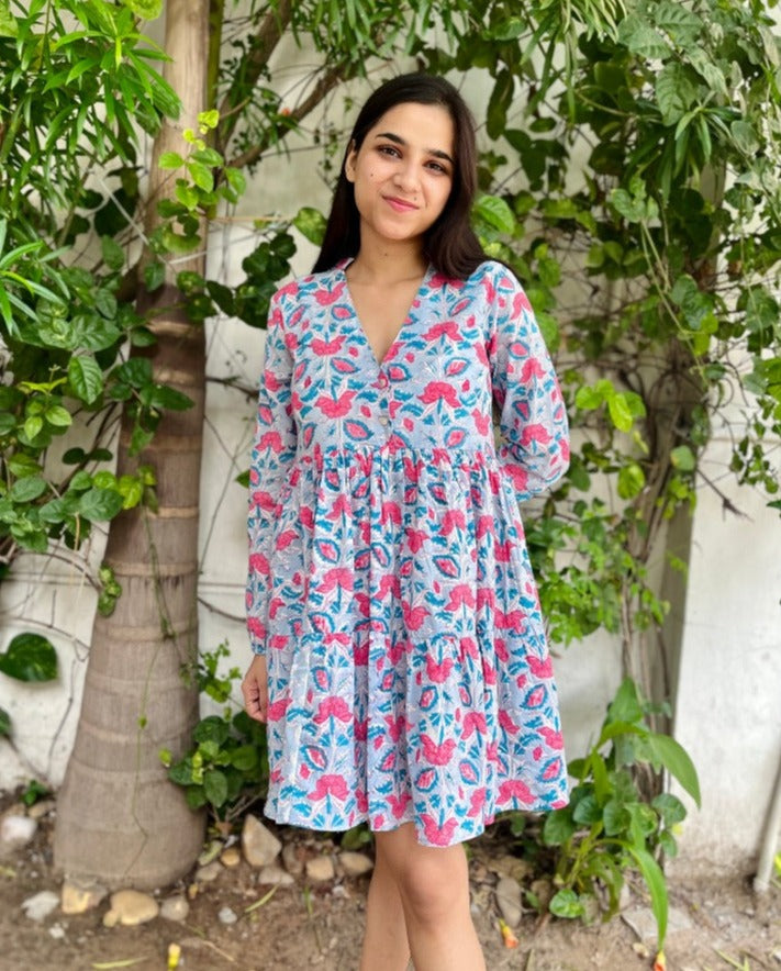 Floral Blue Cotton Short Dress Cotton Curio