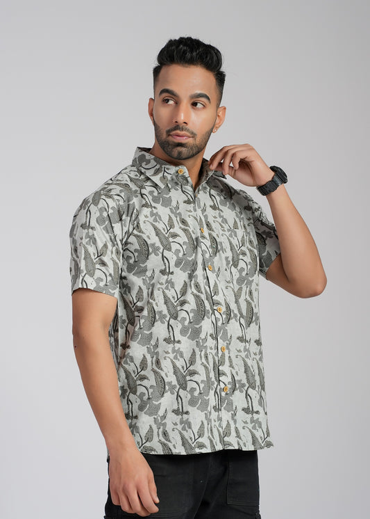 Grey Cotton Printed Half Sleeve Shirt