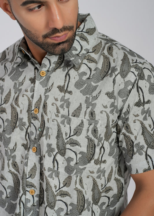 Grey Cotton Printed Half Sleeve Shirt