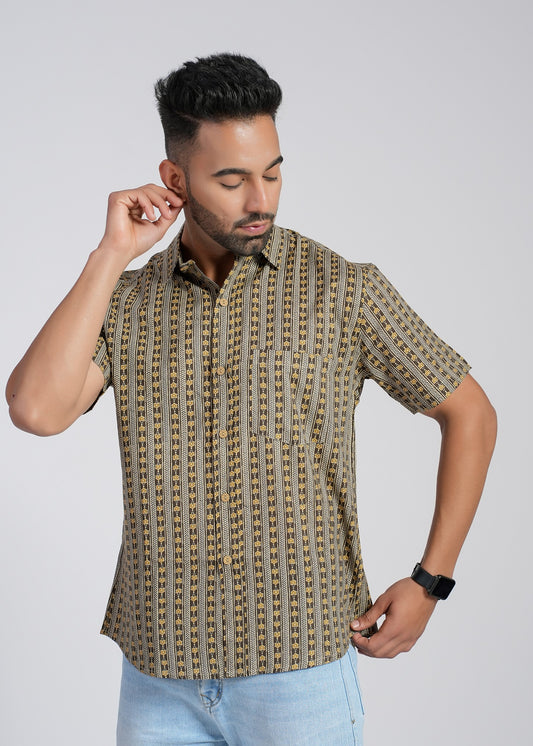 Khaki Cotton Printed Half Sleeve Shirt