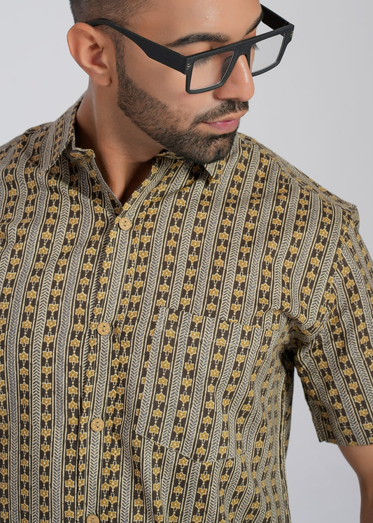 Khaki Cotton Printed Half Sleeve Shirt