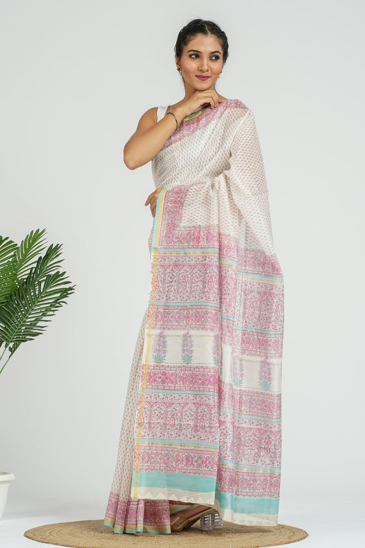 White Pink Chanderi Silk Saree