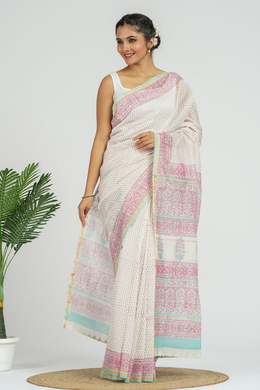 White Pink Chanderi Silk Saree