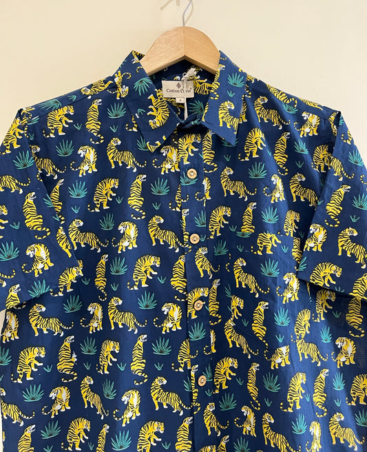 Navy Cotton Printed Half Sleeve Shirt