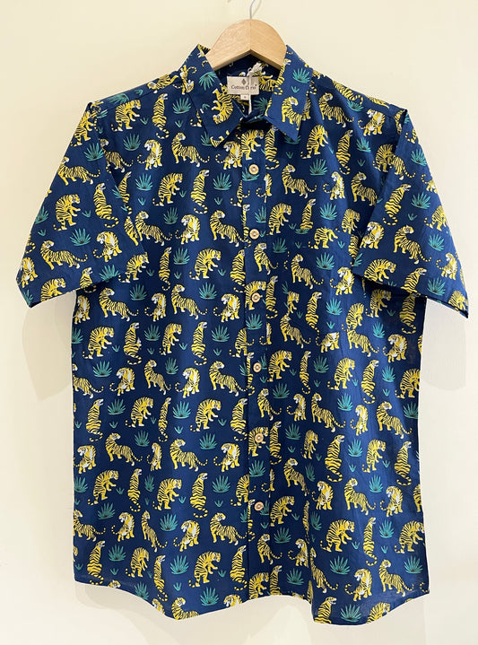 Navy Cotton Printed Half Sleeve Shirt