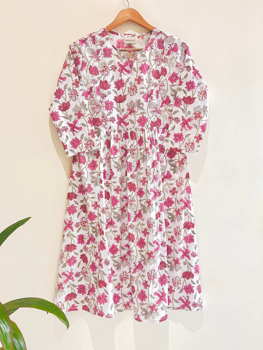 Magenta Zinnia Block Printed Cotton  Kurta