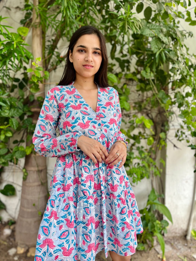 Floral Blue Cotton Short Dress Cotton Curio