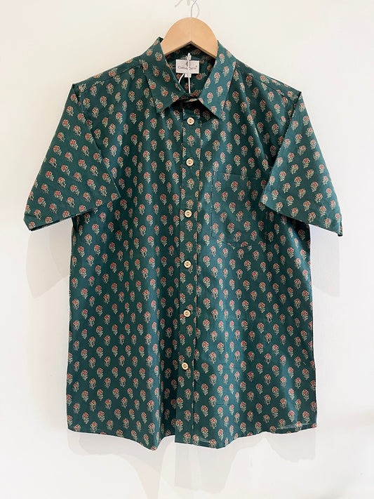 Green Cotton Printed Half Sleeve Shirt