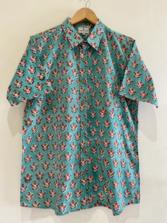 Green Cotton Printed Half Sleeve Shirt