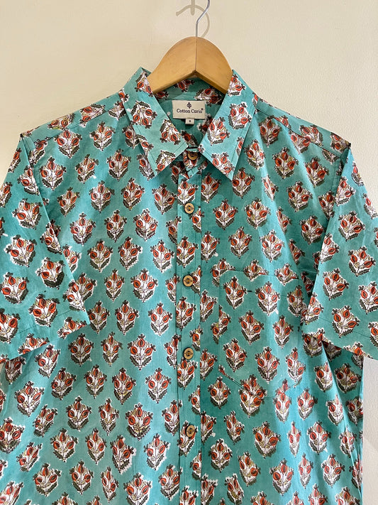 Green Cotton Printed Half Sleeve Shirt